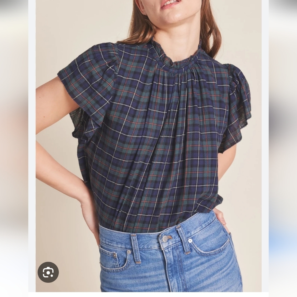 Trovata Birds Of Paradise Carla Blouse Ruffled Plaid Bohemian Preppy XS Pintuck